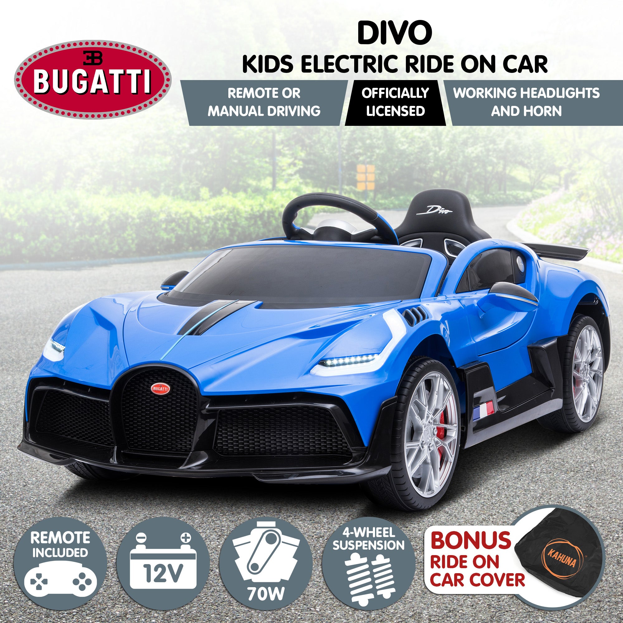 Blue Bugatti Divo Electric Ride On Car w/Remote, MP3, LED