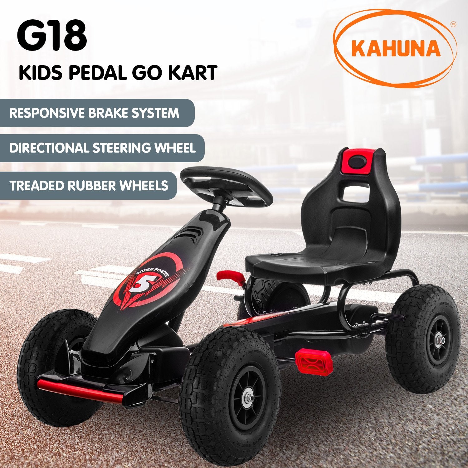 Red Kids Pedal Go Kart with Brake, Adjustable Seat | Kahuna G18