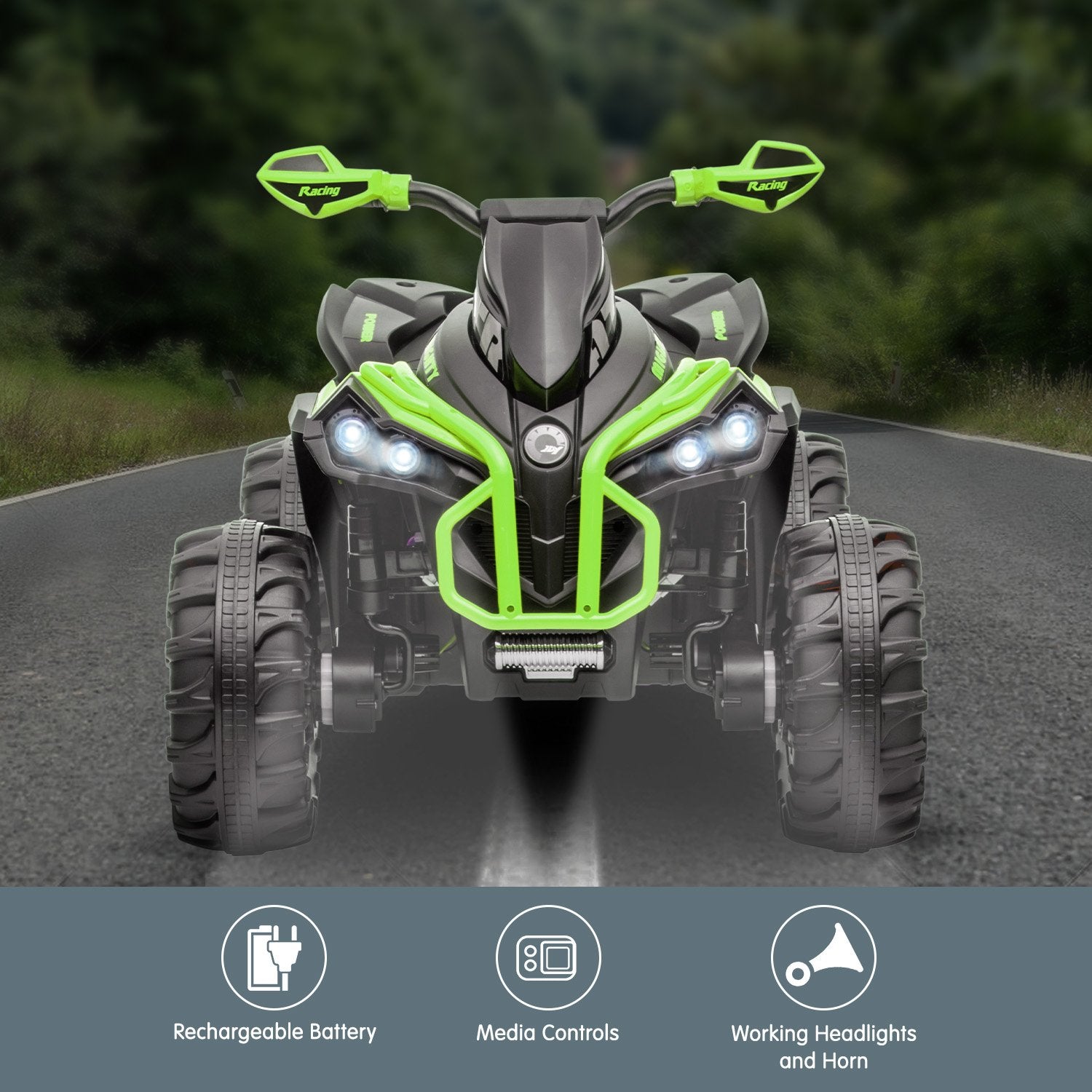 Green LED Electric Ride On Quad Bike with MP3, AUX - Kahuna