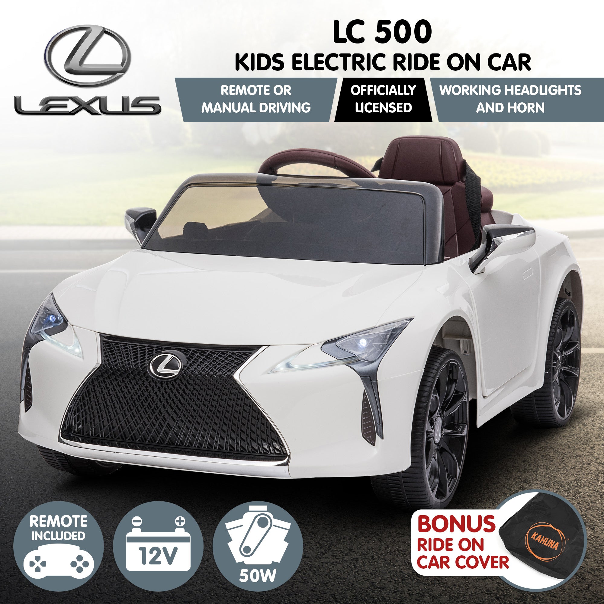 White Licensed Lexus LC 500 Kids Electric Ride-On Car LED Lights