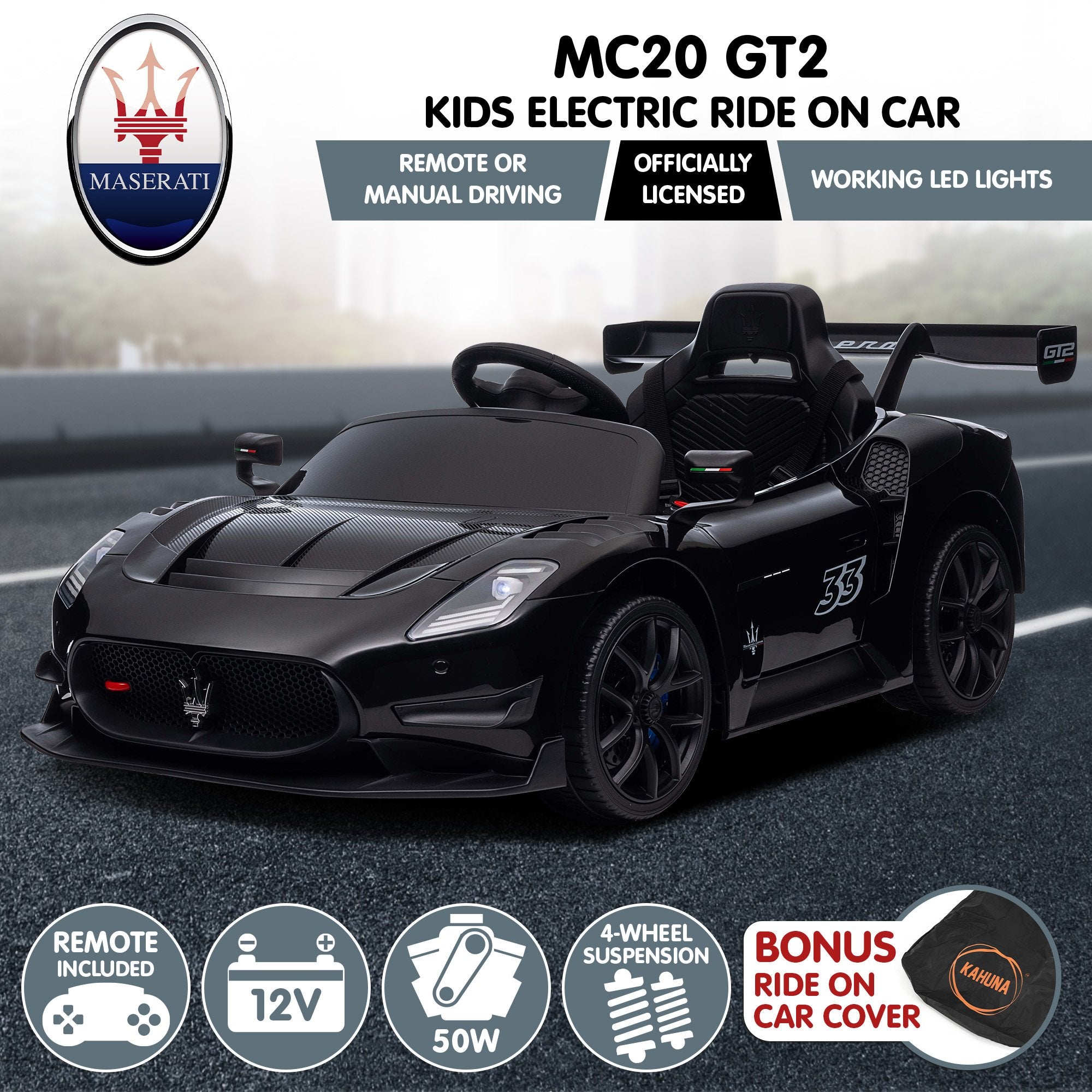 Maserati MC20 GT2 Kids Electric Ride-On Race Car Black