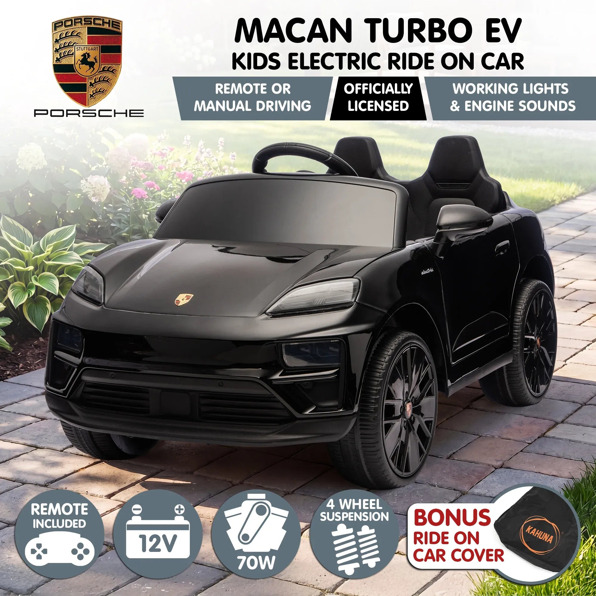 Kahuna Black Porsche Macan Turbo EV Kids Ride On Car 12V Electric Car