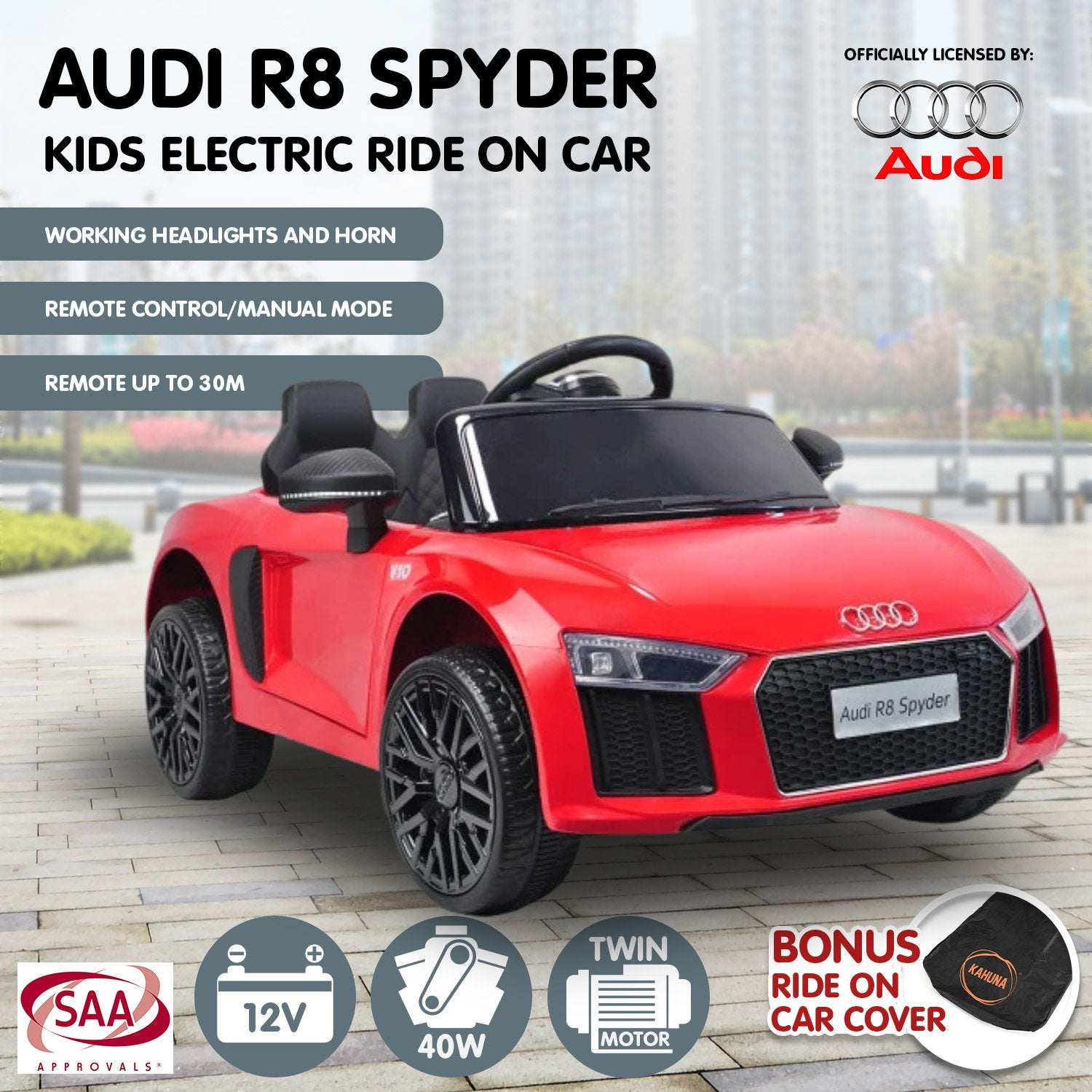 Audi R8 Spyder Kids Ride-On Car, Remote, MP3, Red - Kahuna