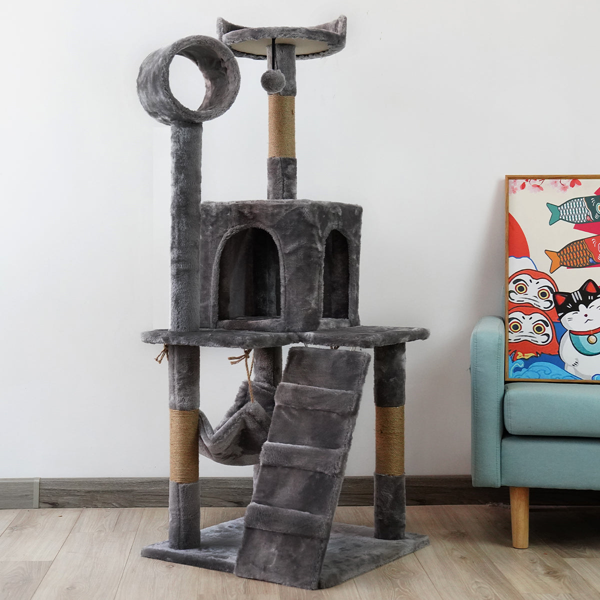 135cm Multi-Level Cat Tree, Scratching, Dark Grey - Furtastic