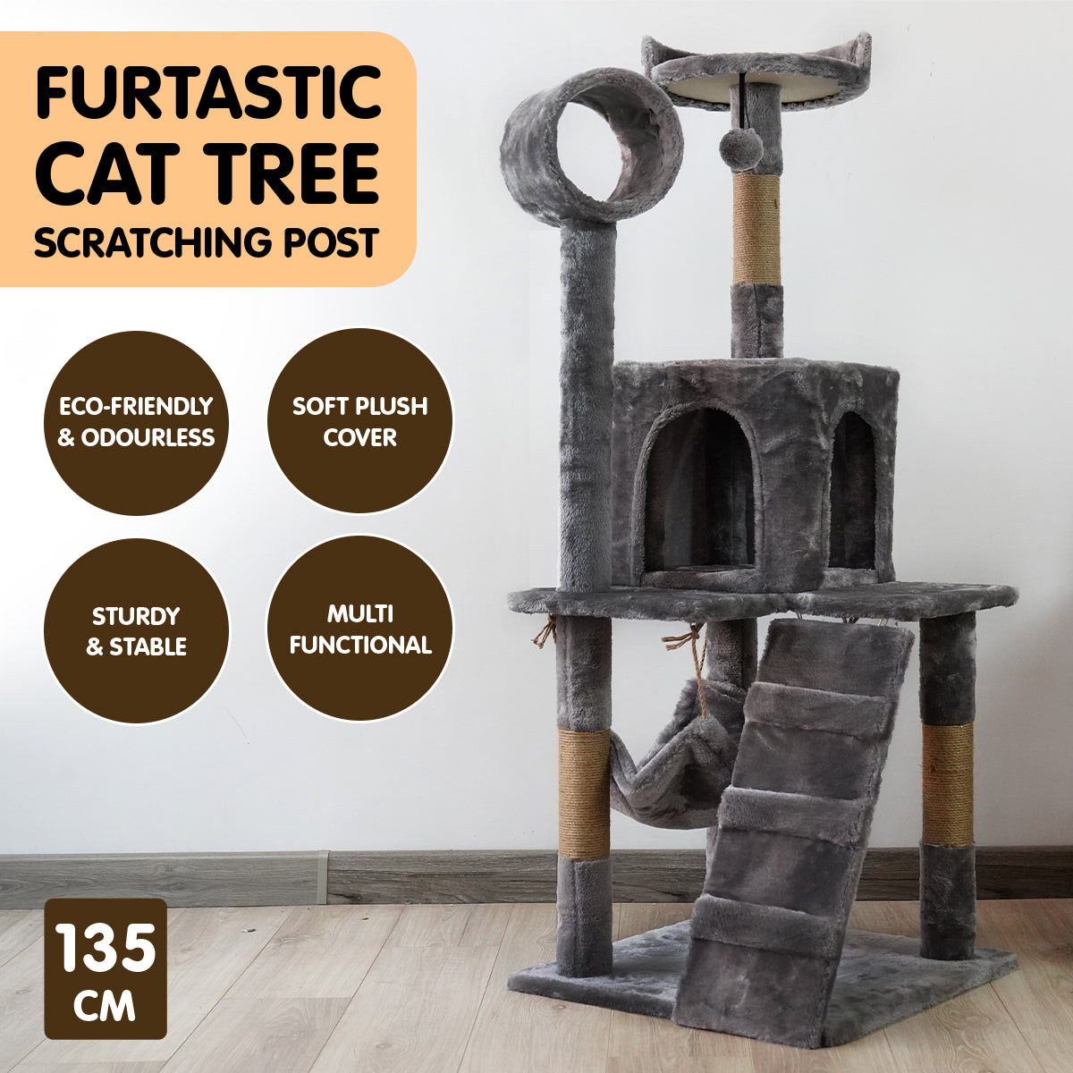 135cm Multi-Level Cat Tree, Scratching, Dark Grey - Furtastic