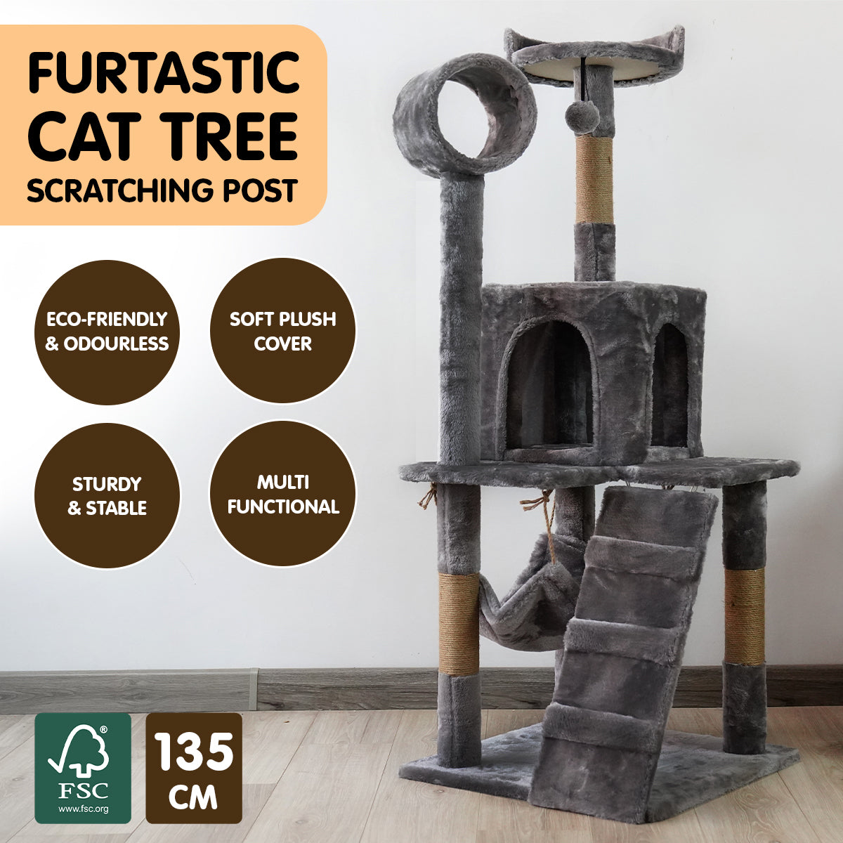 135cm Multi-Level Cat Tree, Scratching, Dark Grey - Furtastic