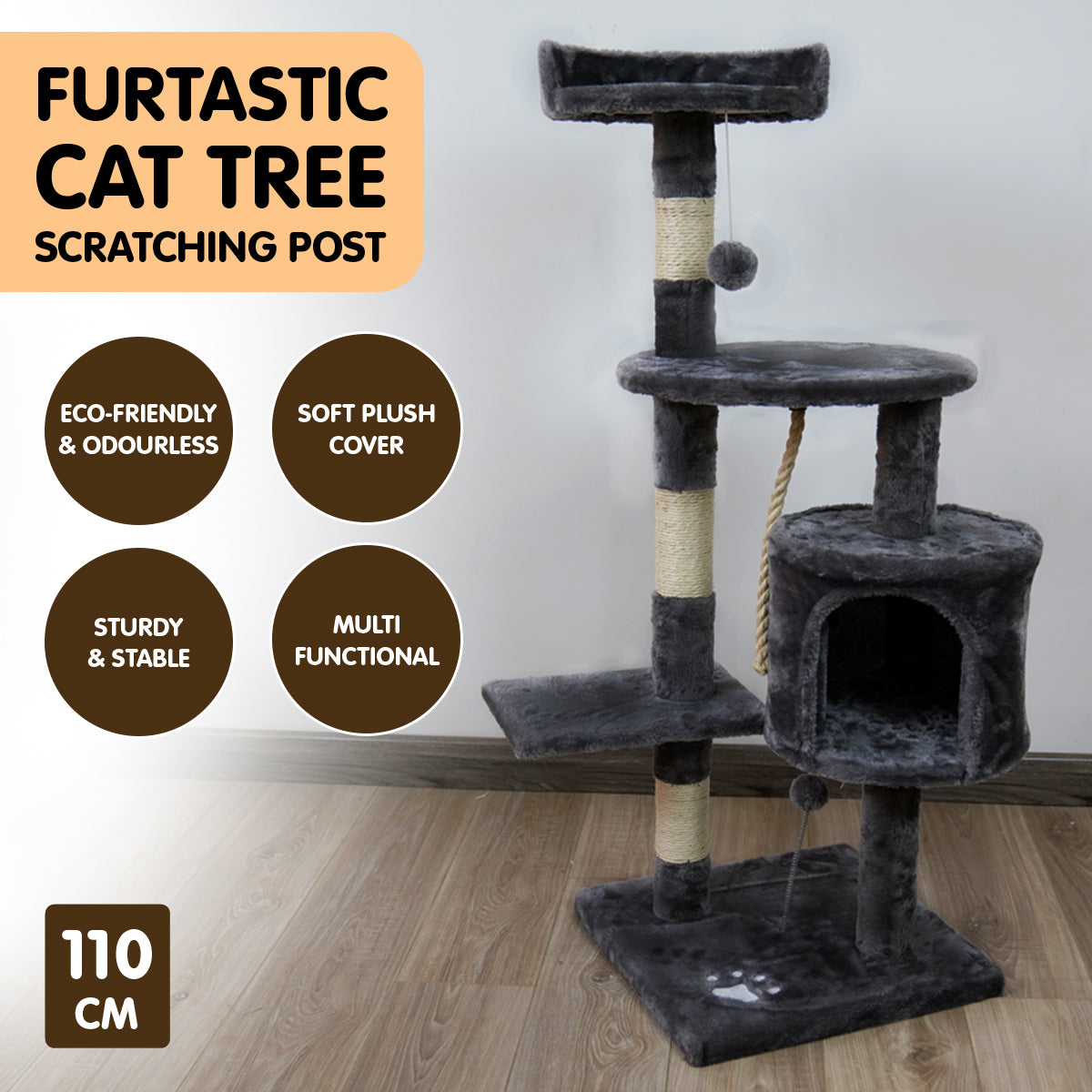 Eco-Friendly 110cm Cat Tree with Toys and Scratching Posts