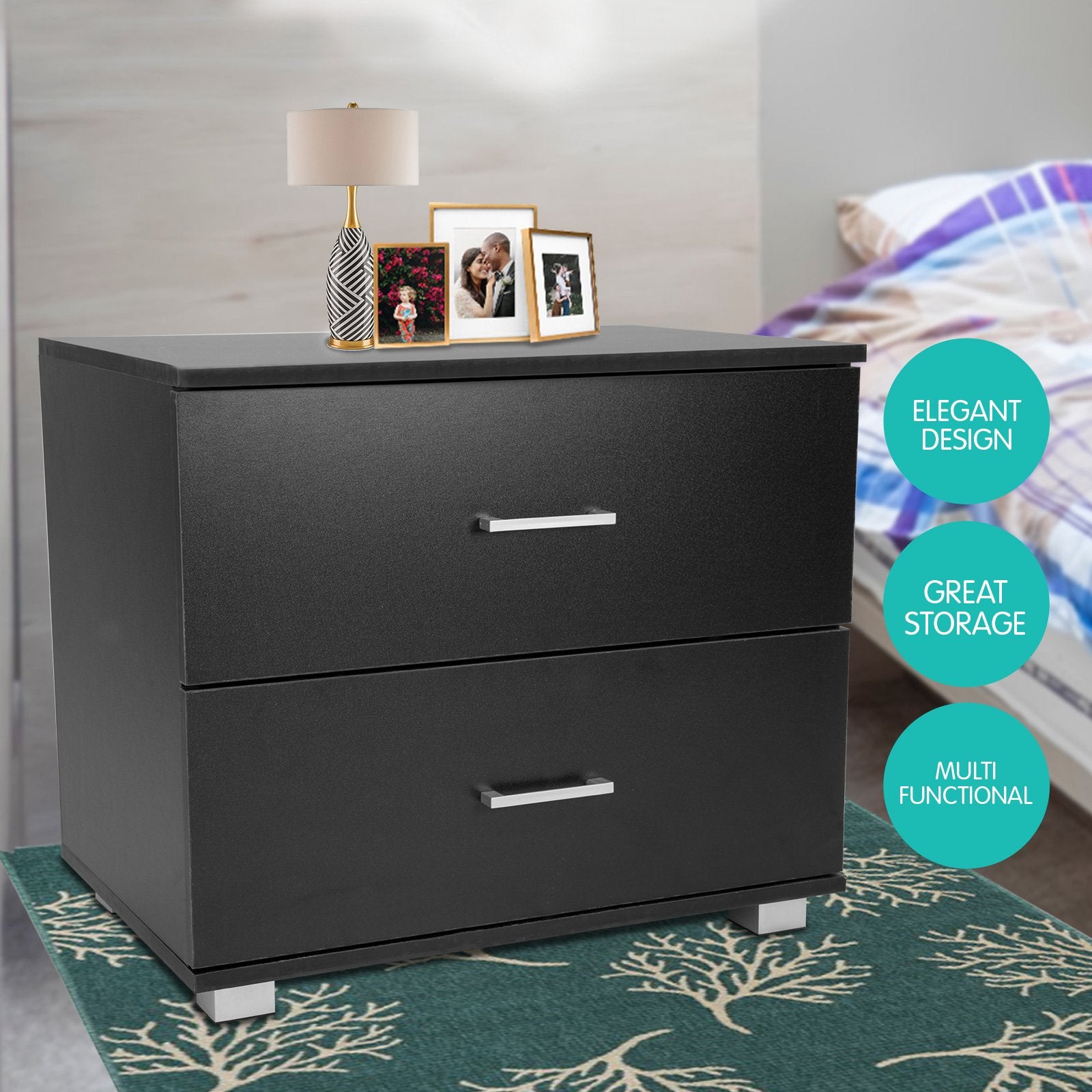 Matte Black 2 Drawer Bedside Table Nightstand, Solid MDF