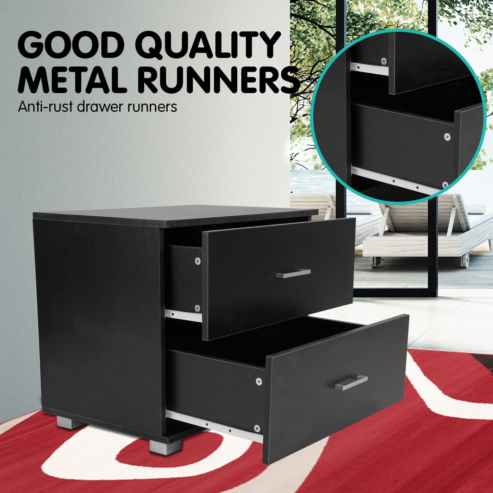 Matte Black 2 Drawer Bedside Table Nightstand, Solid MDF