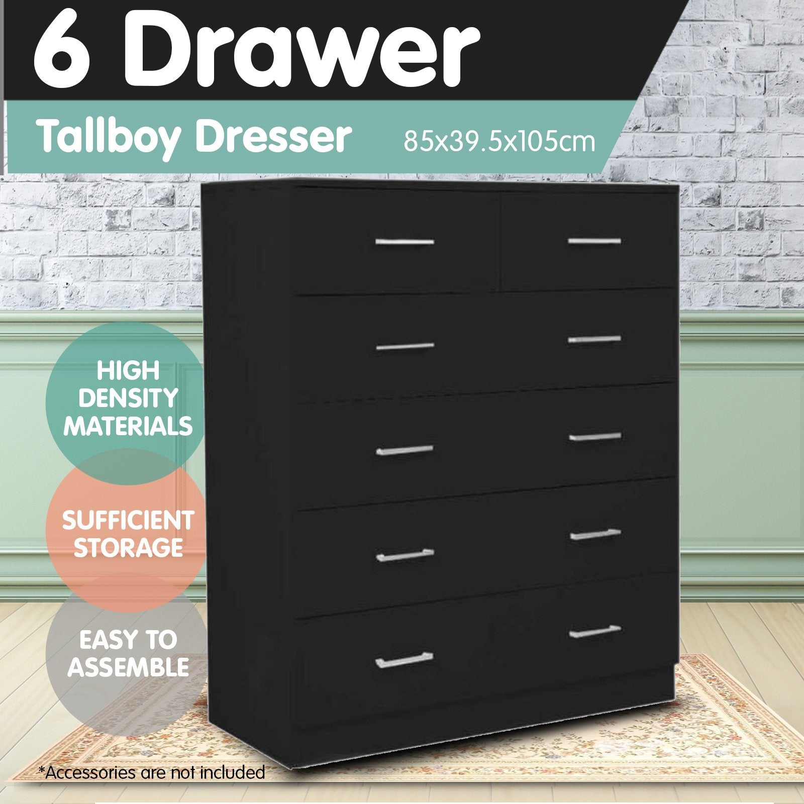 Black 6-Drawer Particle Board Tallboy Dresser - Sarantino