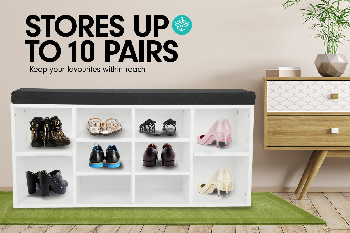 Cushioned White 10-Pair Shoe Cabinet Rack with Bench Stool