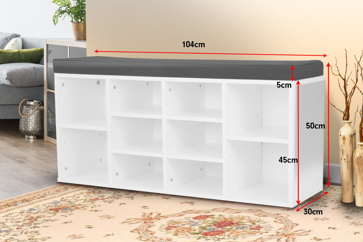 Durable White Shoe Cabinet, Cushioned Bench - Stores 10 Pairs