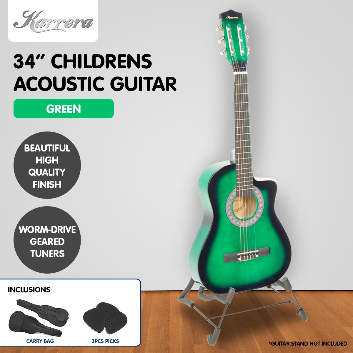 34" Green Acoustic Cutaway Guitar for Kids with Carry Bag