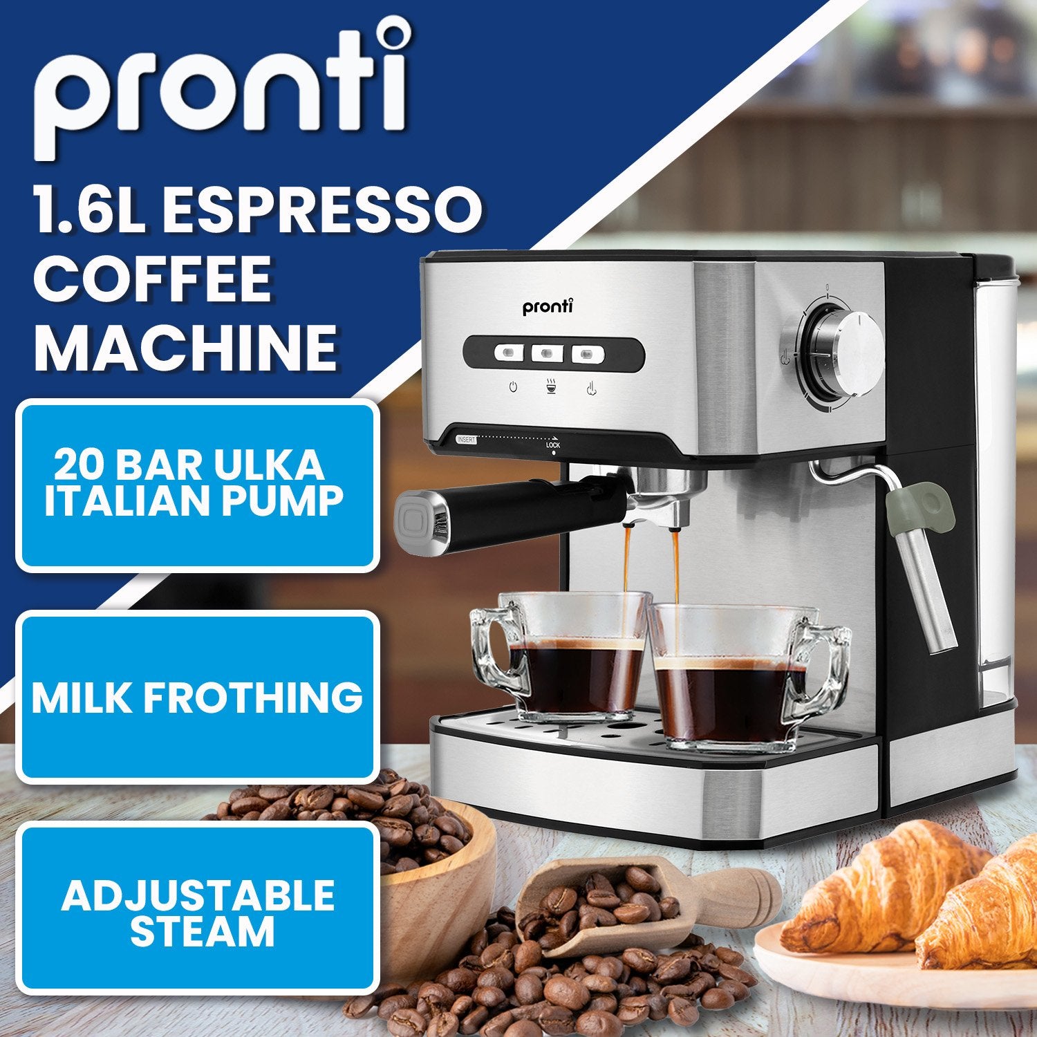 20 Bar Automatic Espresso Machine, Frother, 1.6L Tank, Pronti