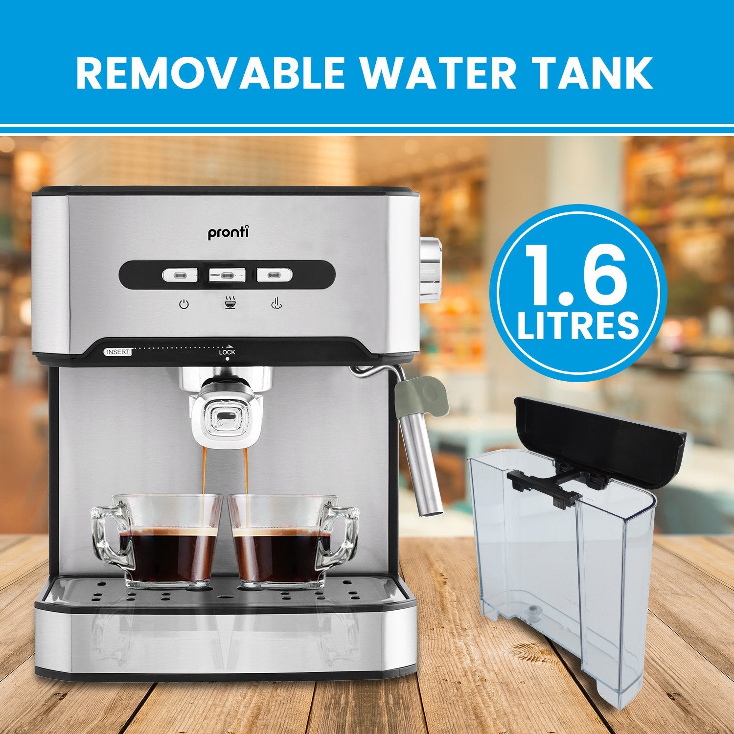 20 Bar Automatic Espresso Machine, Frother, 1.6L Tank, Pronti