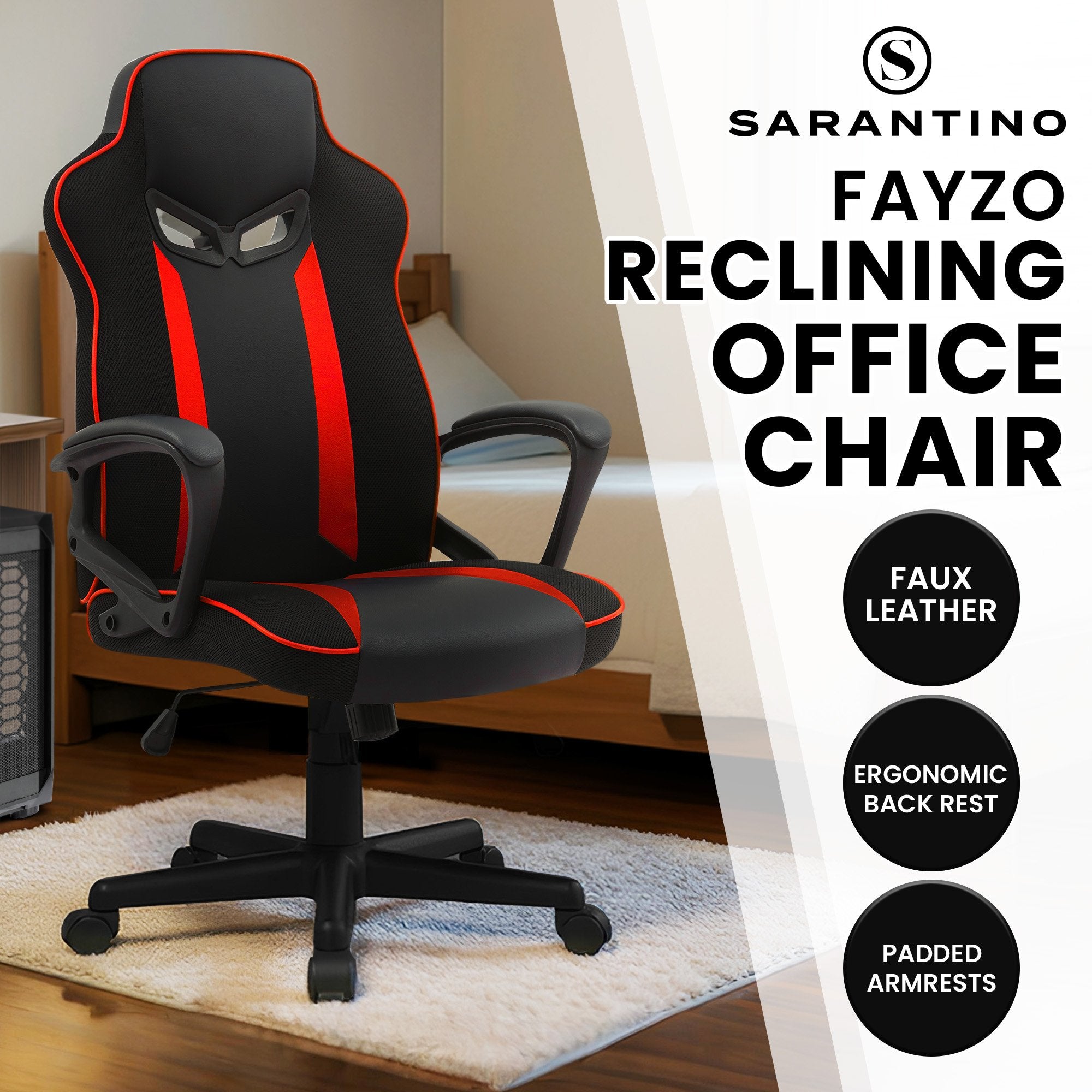 Fayzo Racing Reclining Gaming Office Chair Black Red Adjustable Mesh