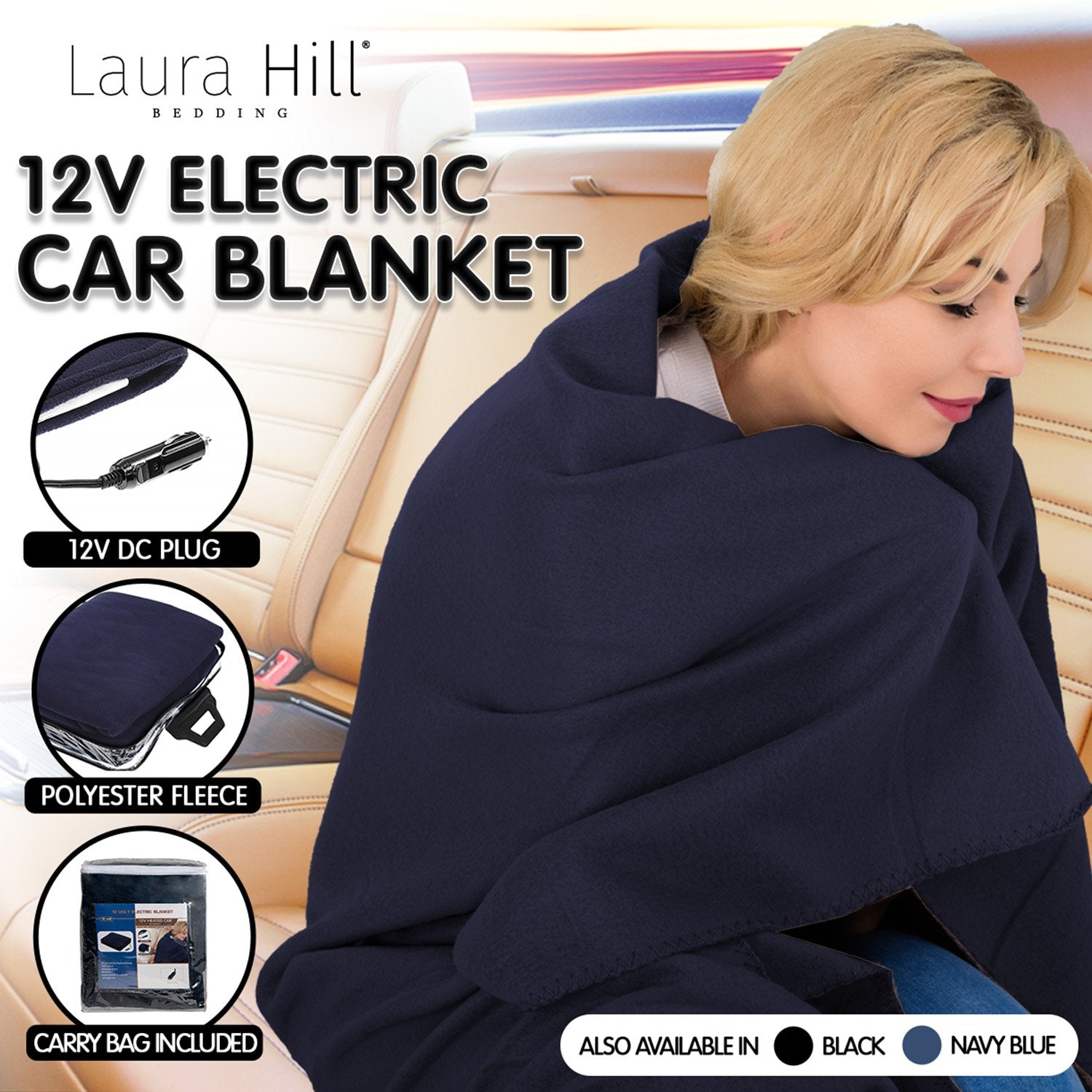 Heated Electric Car Blanket, Poly Fleece, 150x110cm, 12V, Blue - Laura Hill