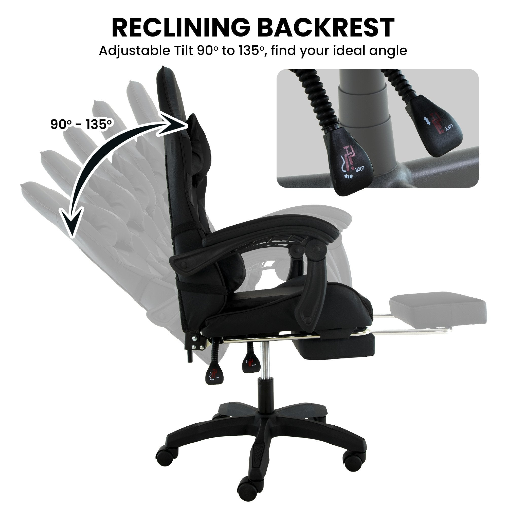 Cueva Reclining Gaming Office Chair Black Retractable Footrest