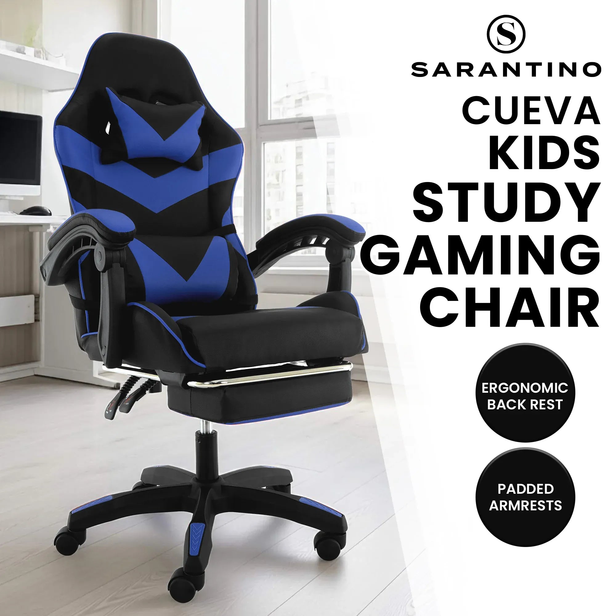 Sarantino Cueva Reclining High Back Office Gaming Chair Seat Retractable Footrest Office Computer Black & Blue