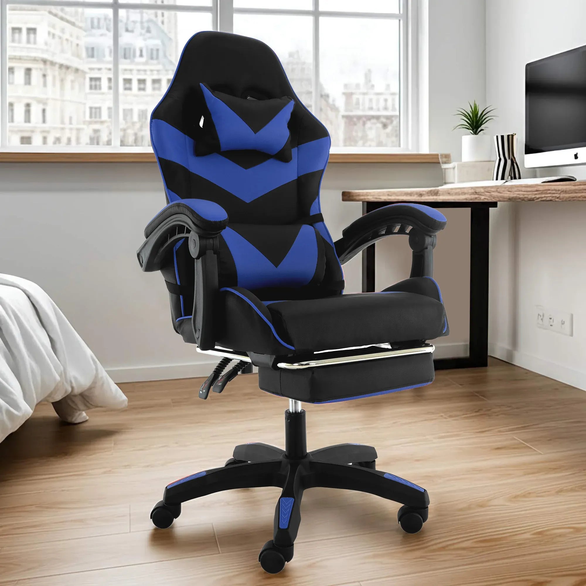 Sarantino Cueva Reclining High Back Office Gaming Chair Seat Retractable Footrest Office Computer Black & Blue