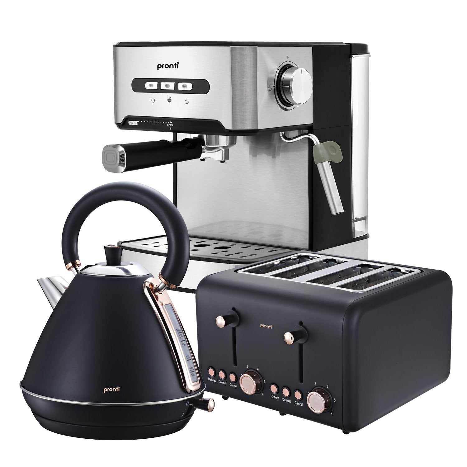 4-Slice Toaster, Espresso Machine, Kettle Set - Pronti