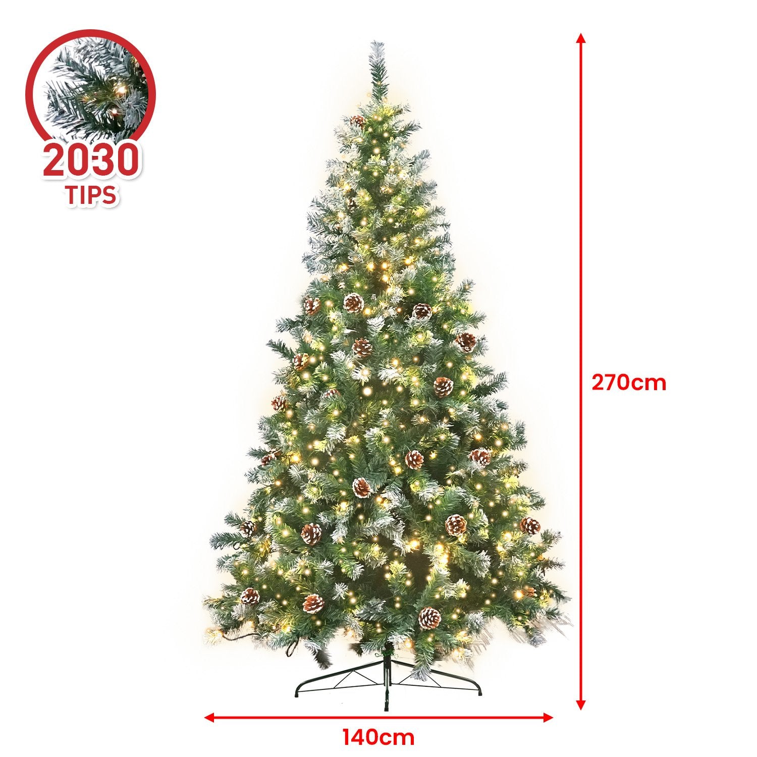 2.7m LED Christmas Tree w/ Pine Cones, Metal Stand, 750 Lights