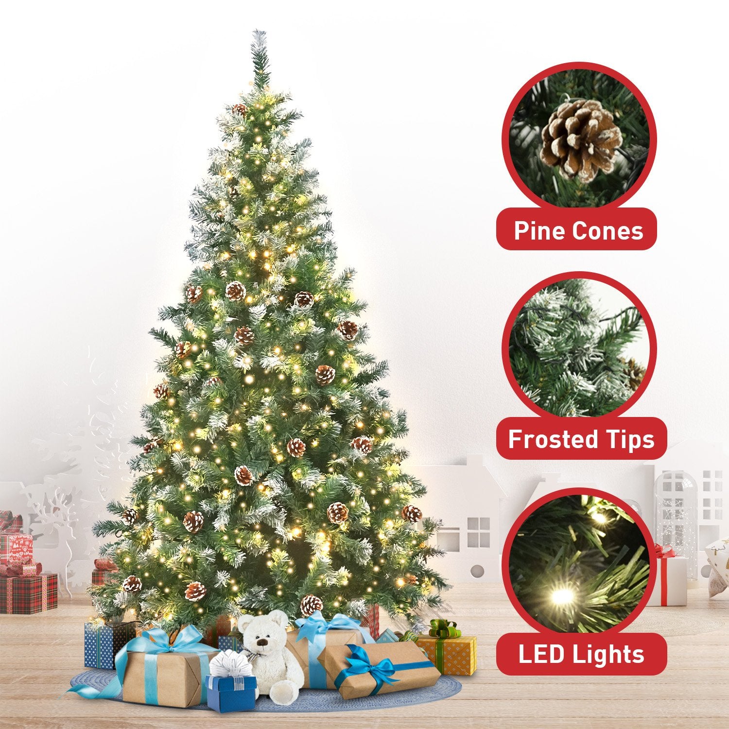 2.7m LED Christmas Tree w/ Pine Cones, Metal Stand, 750 Lights