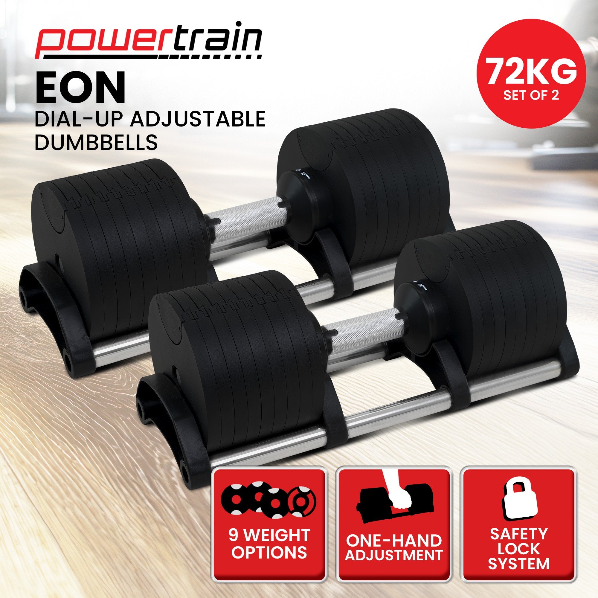 Powertrain Eon 2 x 36kg Dial-Up Adjustable Dumbbell Home Gym Weights