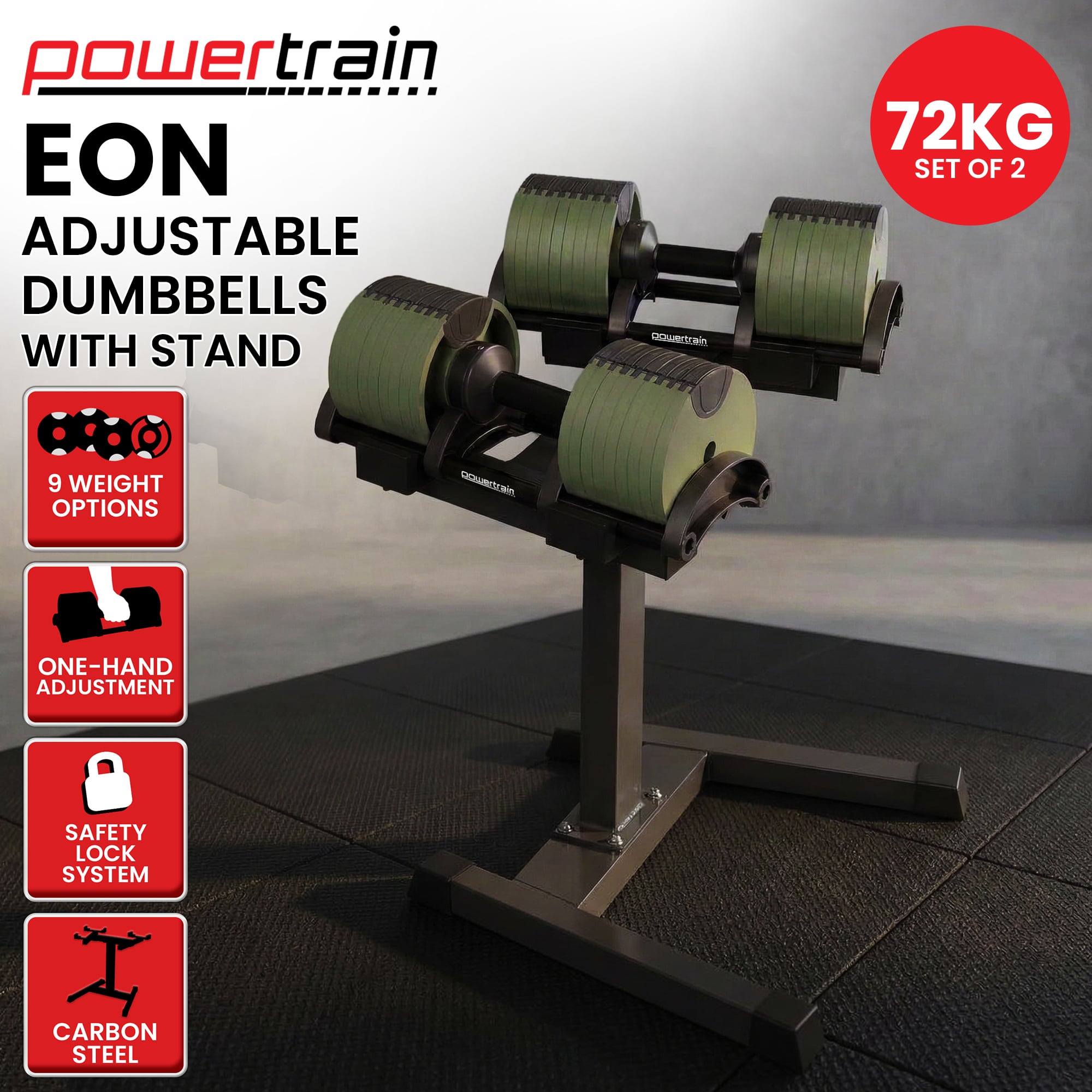 Powertrain Eon Dial-Up 72KG Adjustable Dumbbells Pair with Stand - Green
