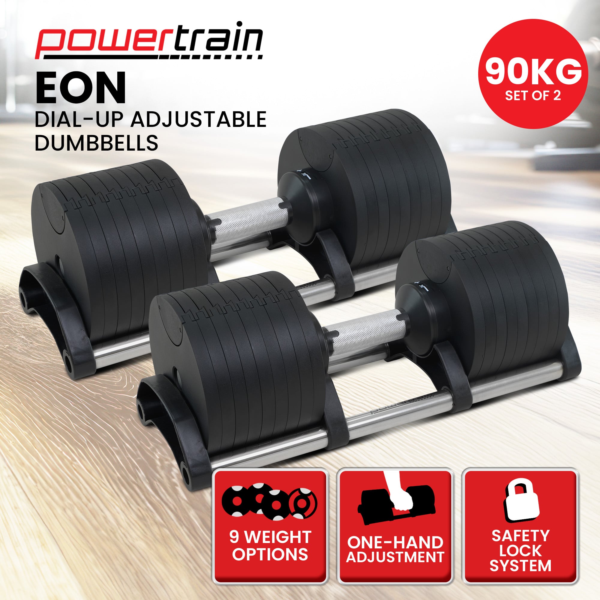 Powertrain Eon 90kg Adjustable Dumbbells Home Gym 9 Strength Training Safety Lock System Building & Fitness Workouts