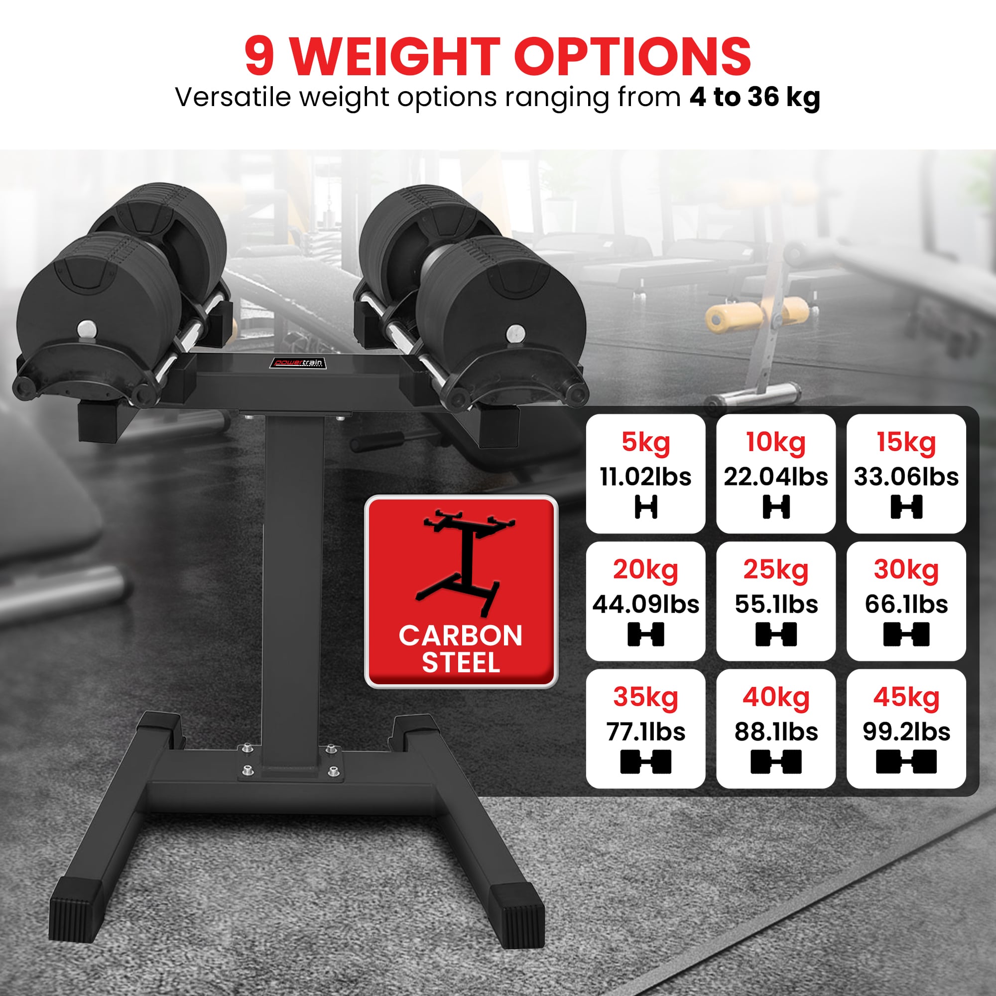 Powertrain Eon 2 X 45kg Adjustable Dumbbells W/ Stand Heavy-duty Storage Rack Home Gym 9 Strength Training Equipment