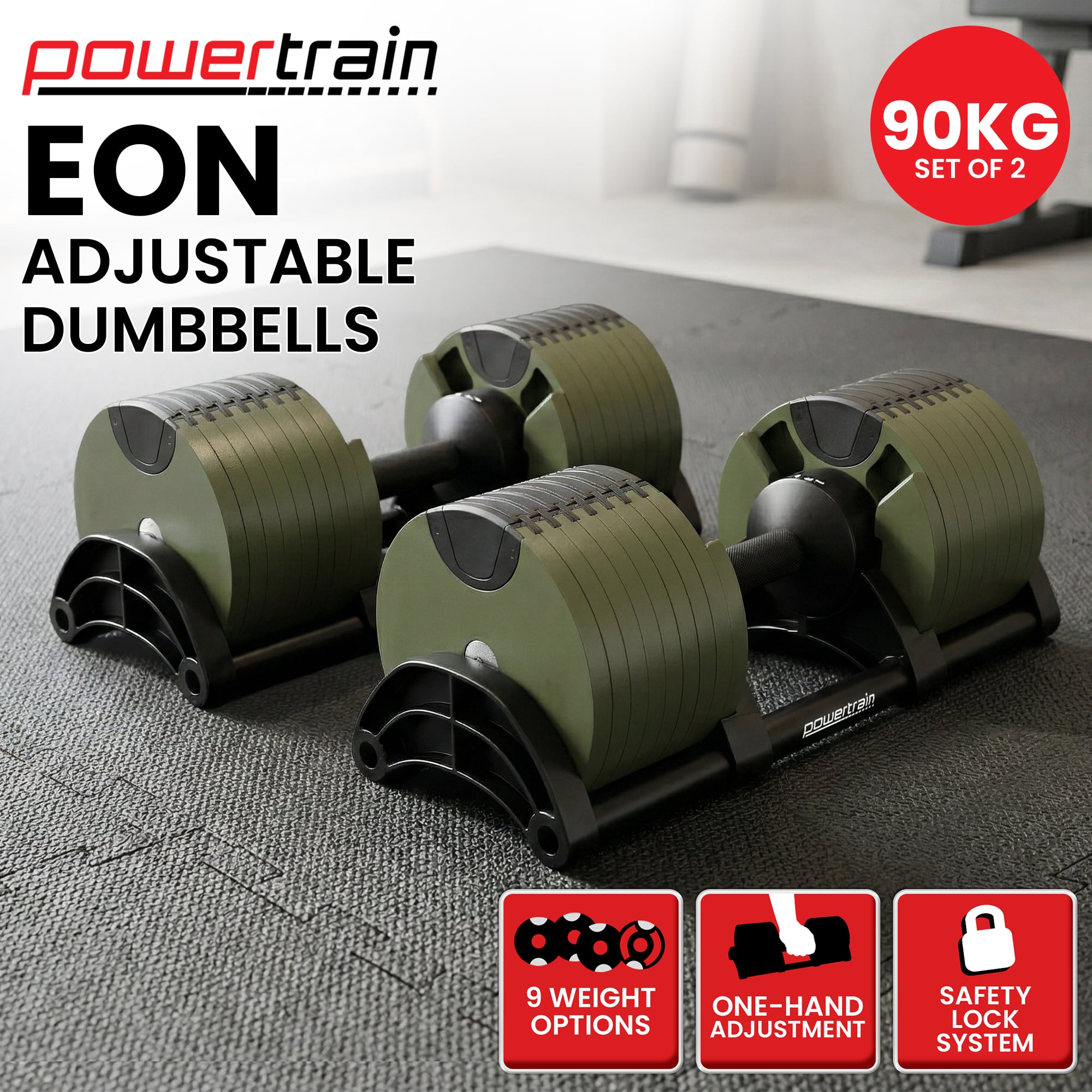 Powertrain Eon Dial-Up 90KG Adjustable Dumbbells Pair - Green