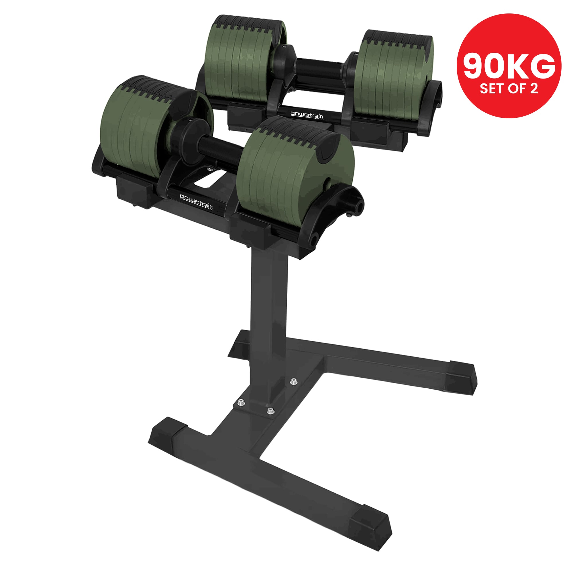 Powertrain Eon Dial-Up 90KG Adjustable Dumbbells Pair with Stand - Green