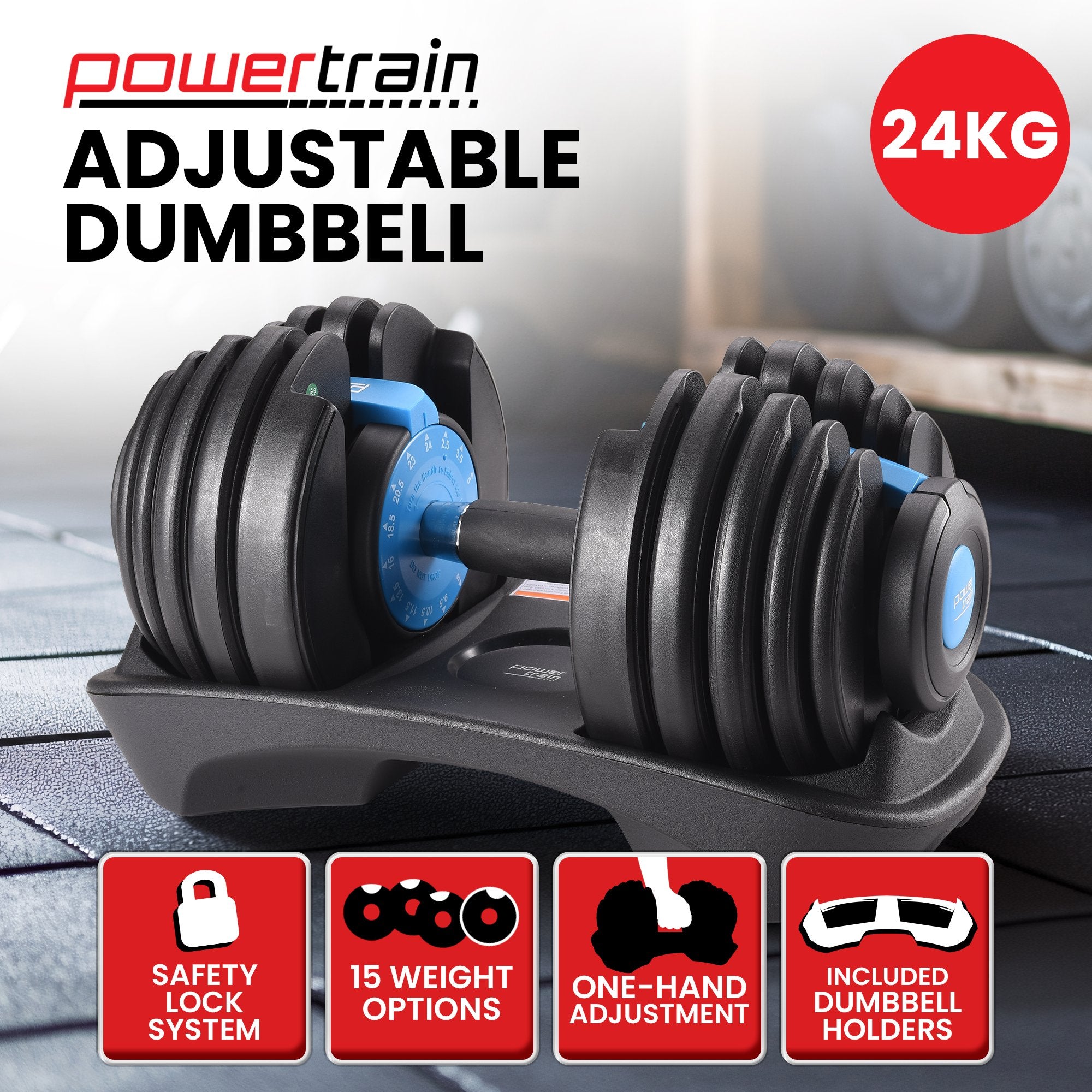Powertrain 24kg Adjustable Dumbbell Home Gym Blue