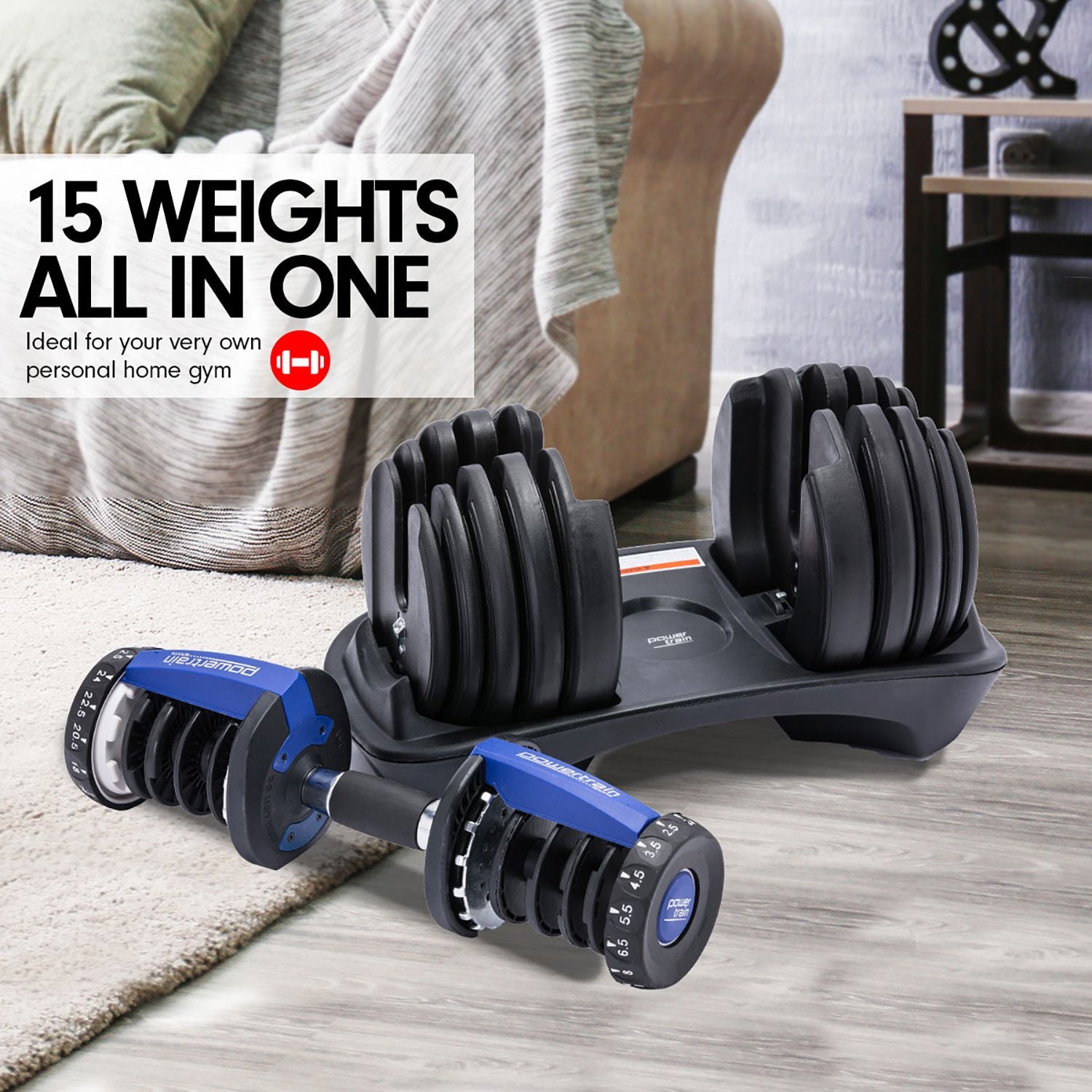 Ergonomic 24KG Adjustable Dumbbell 15 Weights - Powertrain