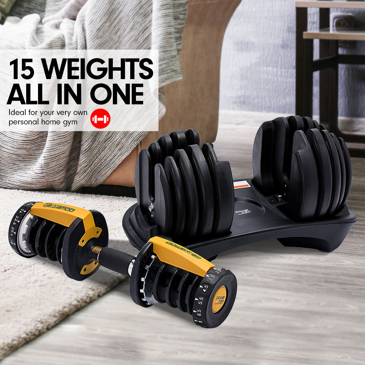 Adjustable Ergonomic 24KG Dumbbell, 15 Weights - Powertrain