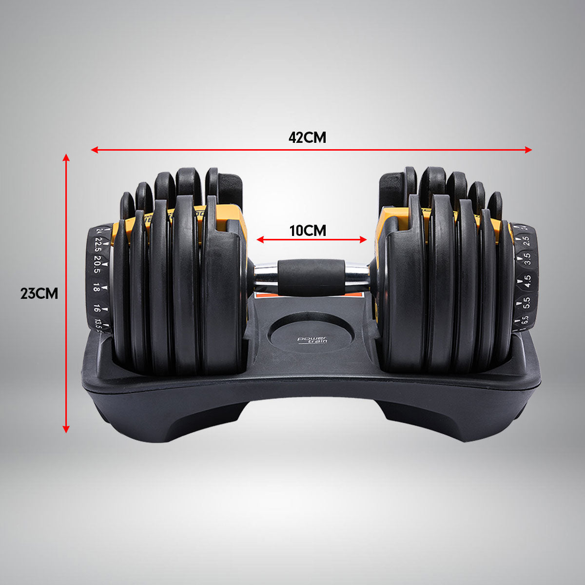 Adjustable Ergonomic 24KG Dumbbell, 15 Weights - Powertrain