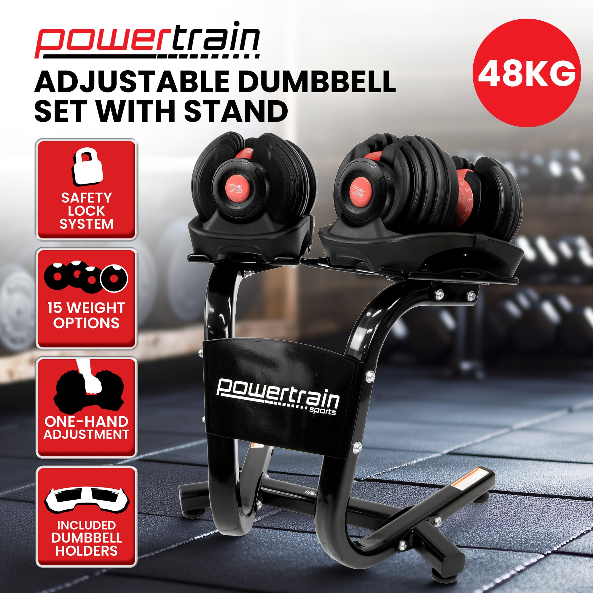 Powertrain 24kg Adjustable Dumbbells Set with Stand