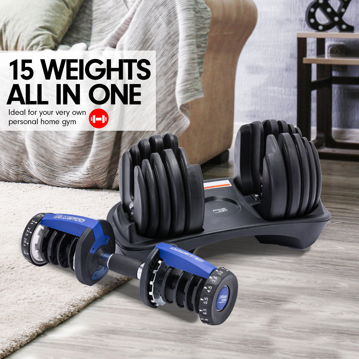 Adjustable 48KG Dumbbell Set w/ Stand, 15 Weights, Powertrain