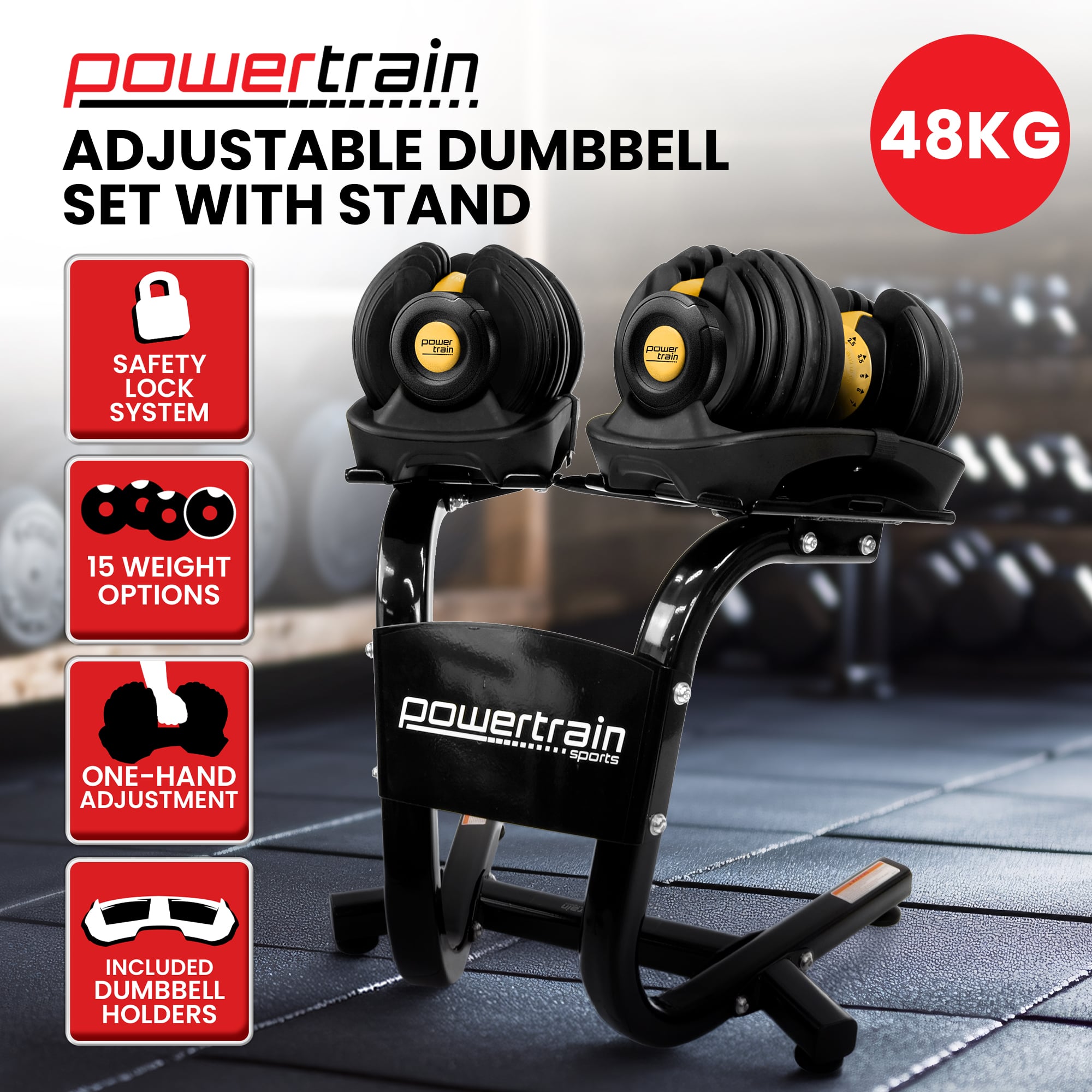 Powertrain 48KG Adjustable Dumbbell Set Gold with Stand