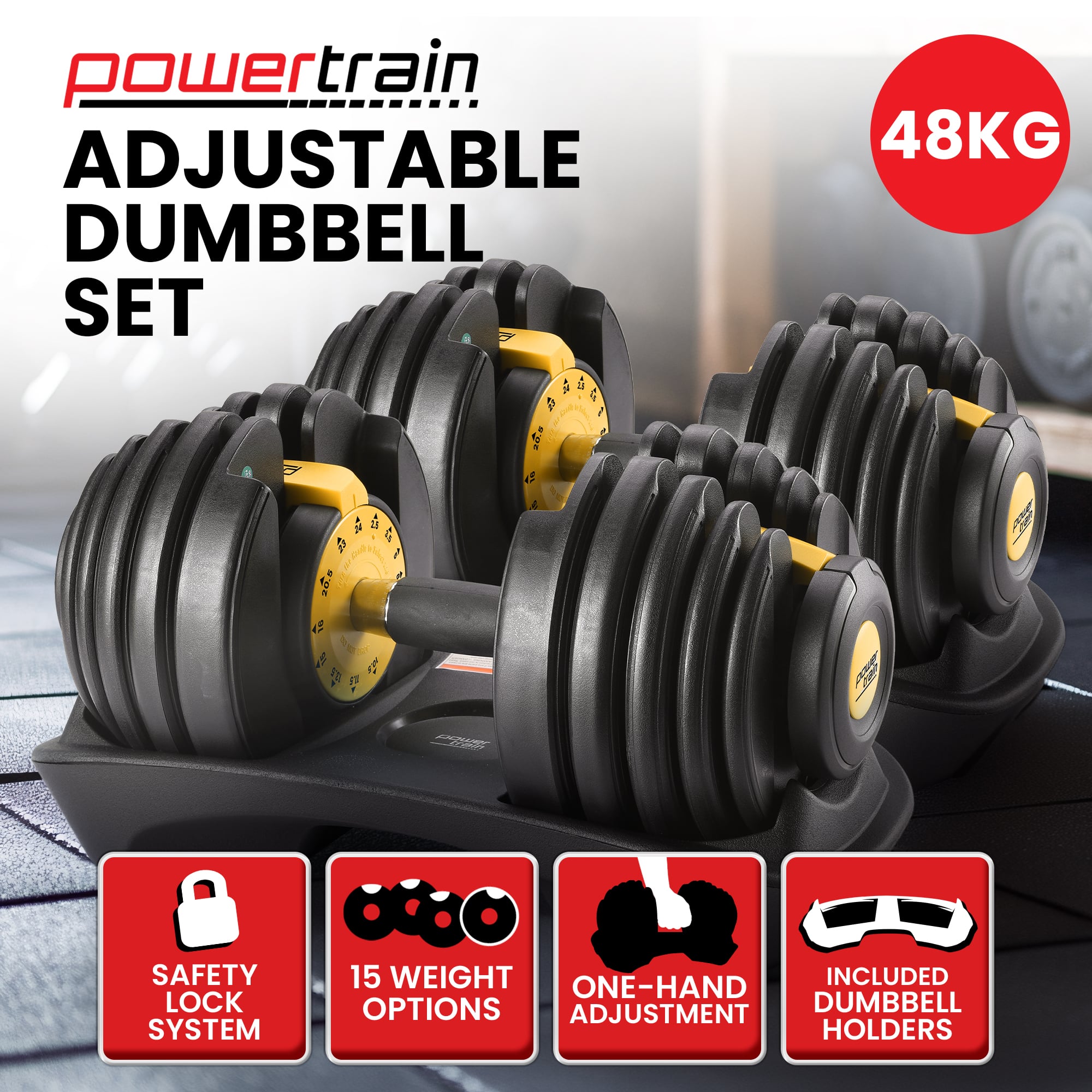 Powertrain 48kg Adjustable Dumbbell Set Home Gym Gold