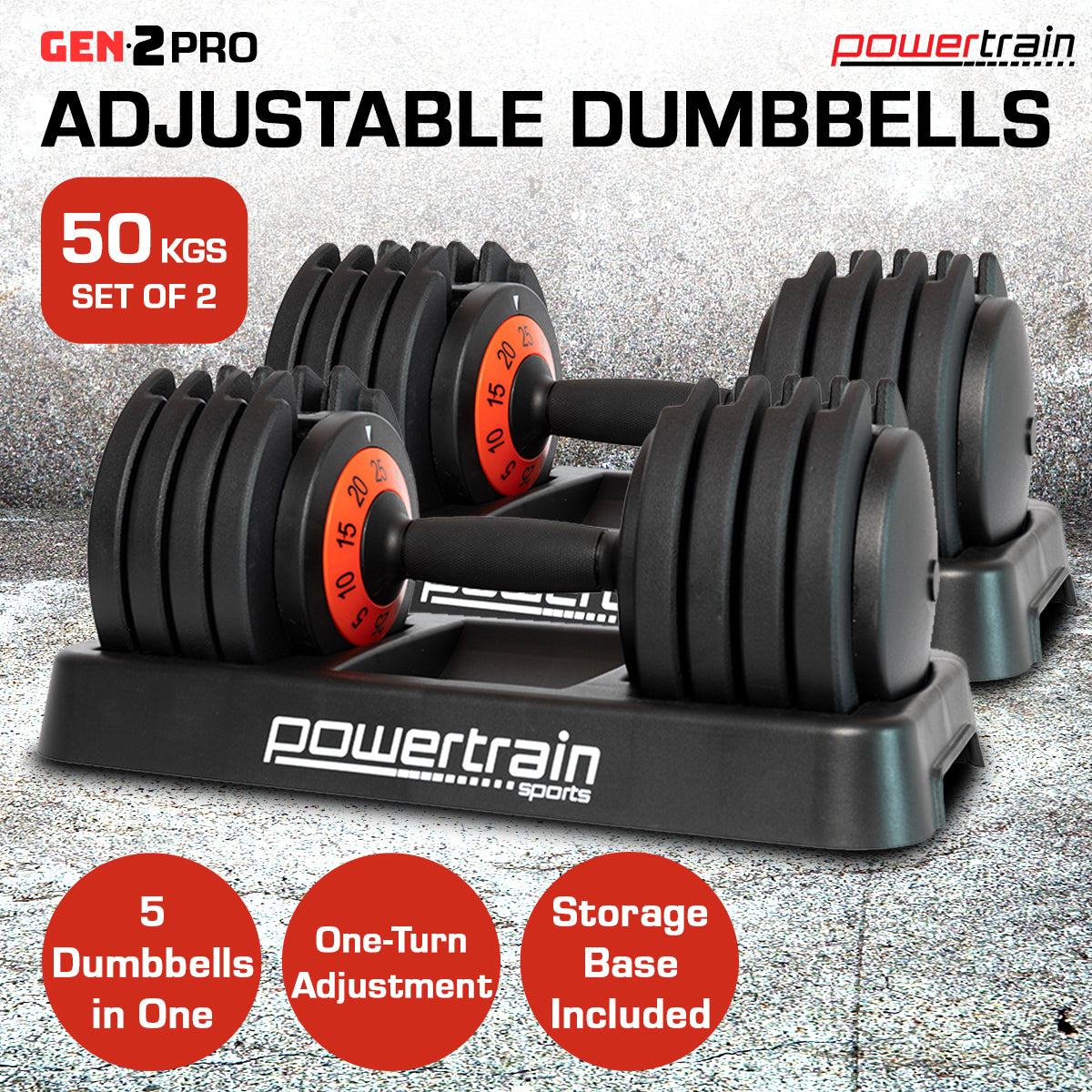 Adjustable Cast Iron Dumbbell Set, 50kg, 5-Settings – Powertrain