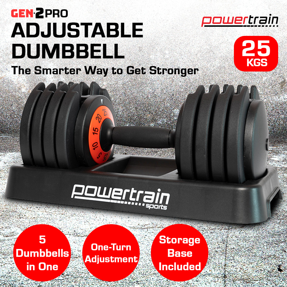 Adjustable 25kg Dumbbell, Space-Saving, Cast Iron, Powertrain