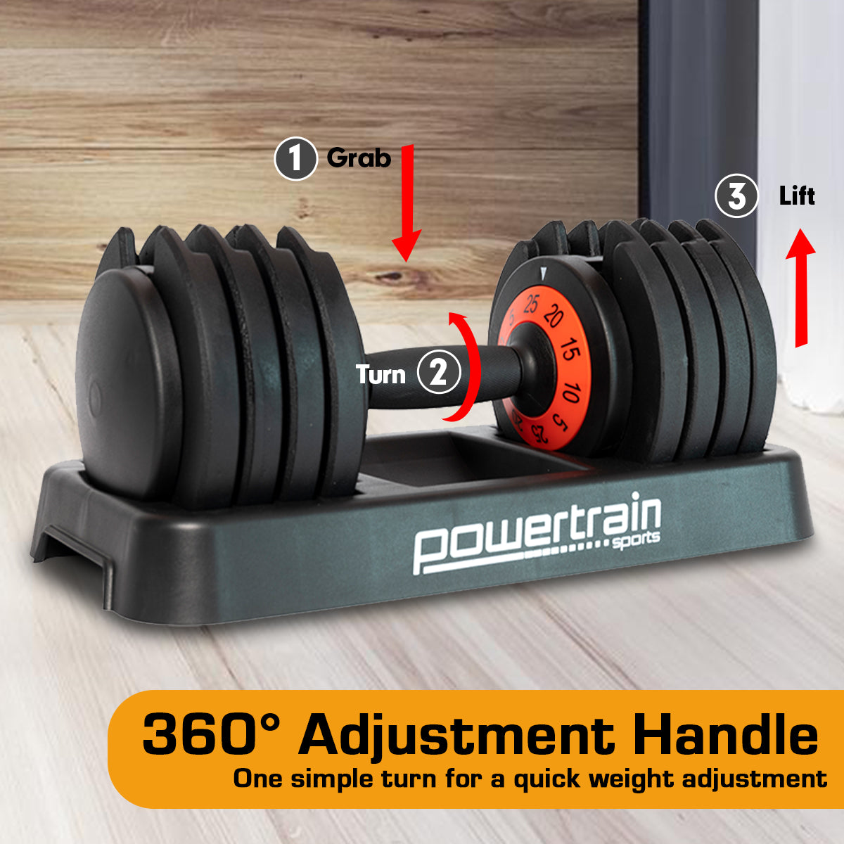 Adjustable 25kg Dumbbell, Space-Saving, Cast Iron, Powertrain