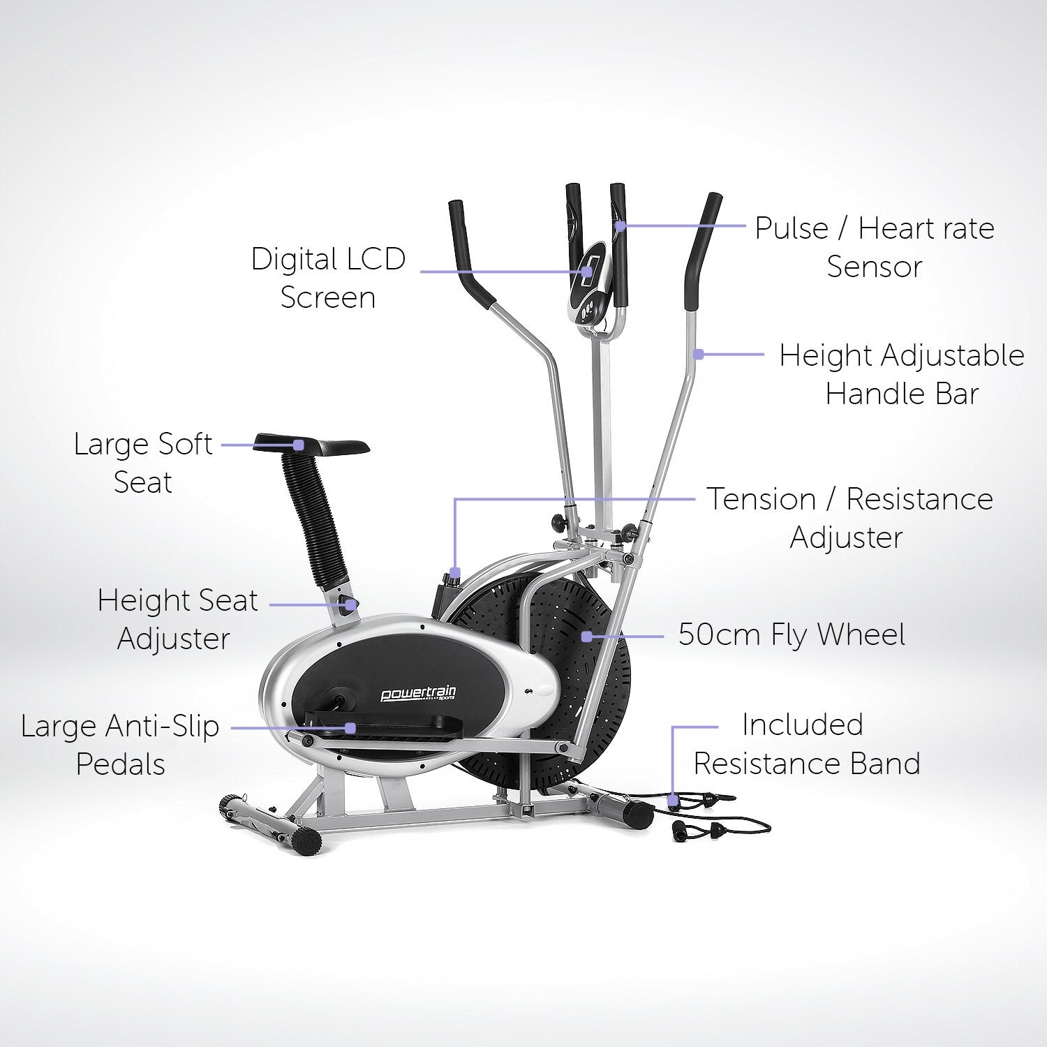 Non-impact 3-in-1 Elliptical Cross Trainer Bike with Heart Rate Monitor, PowerTrain