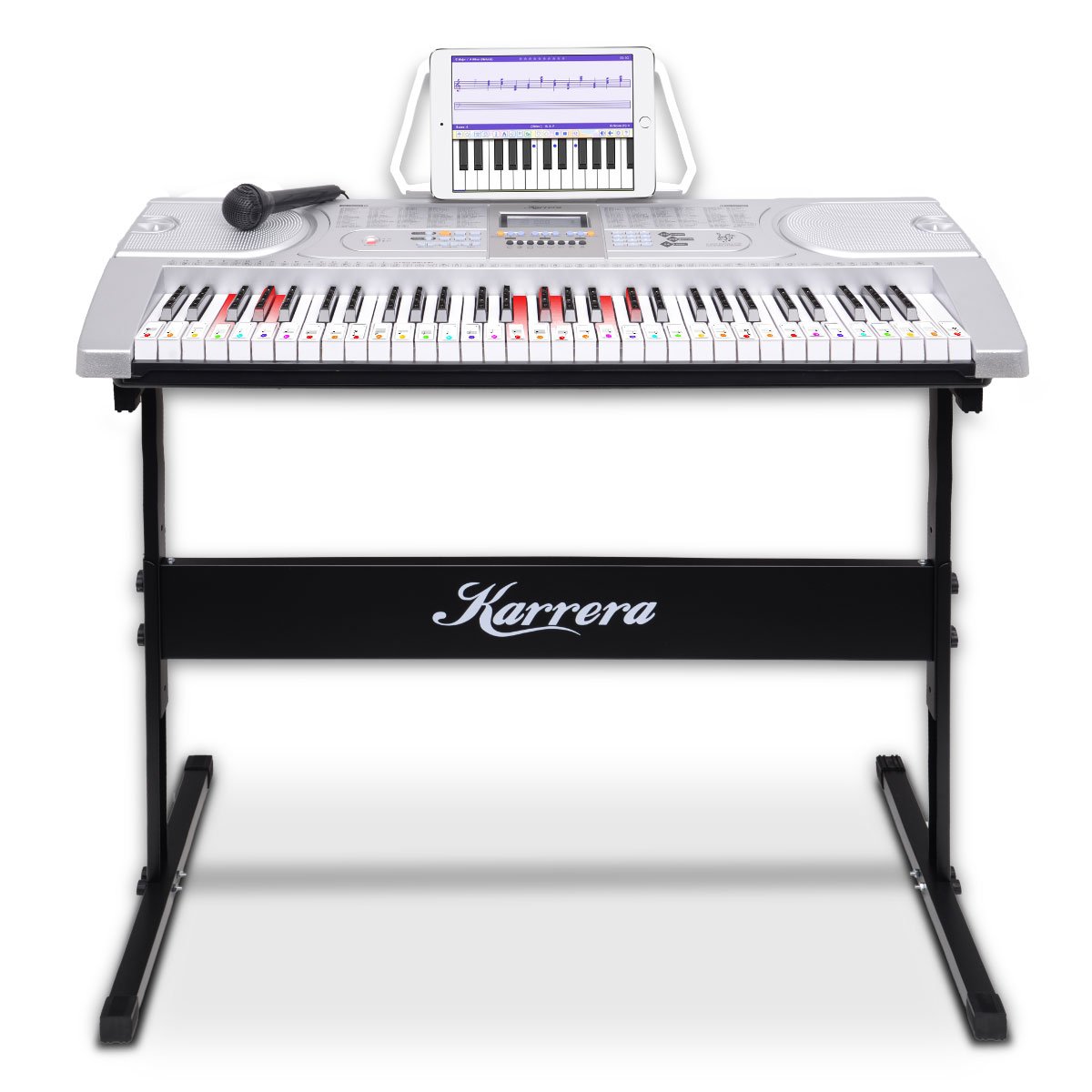 61-Key LED Keyboard Piano w/ Stand, 255 Rhythms, Silver, Karrera