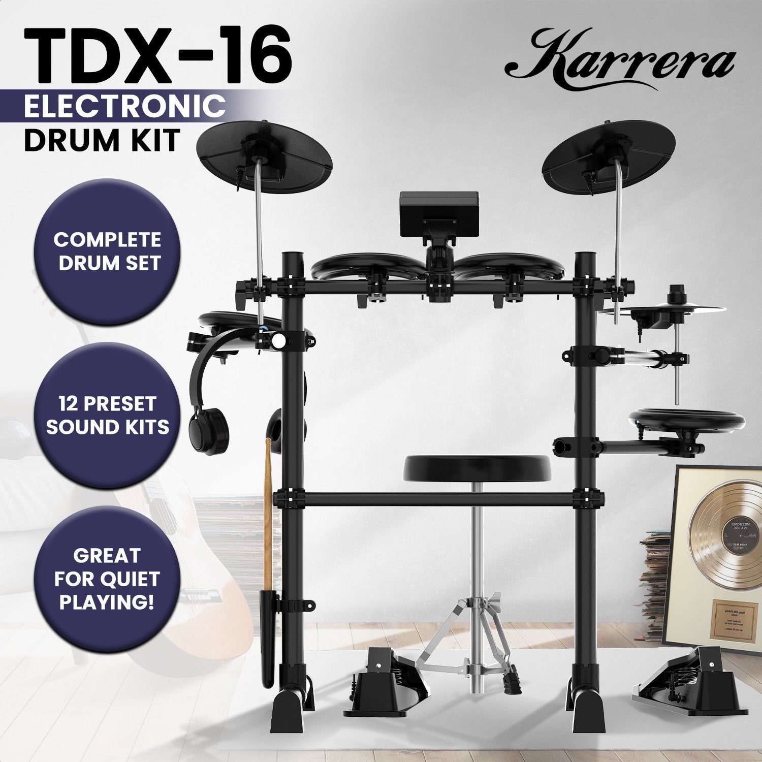 Mesh Pads, 12 Sound Modes, USB Electronic Drum Kit – Karrera