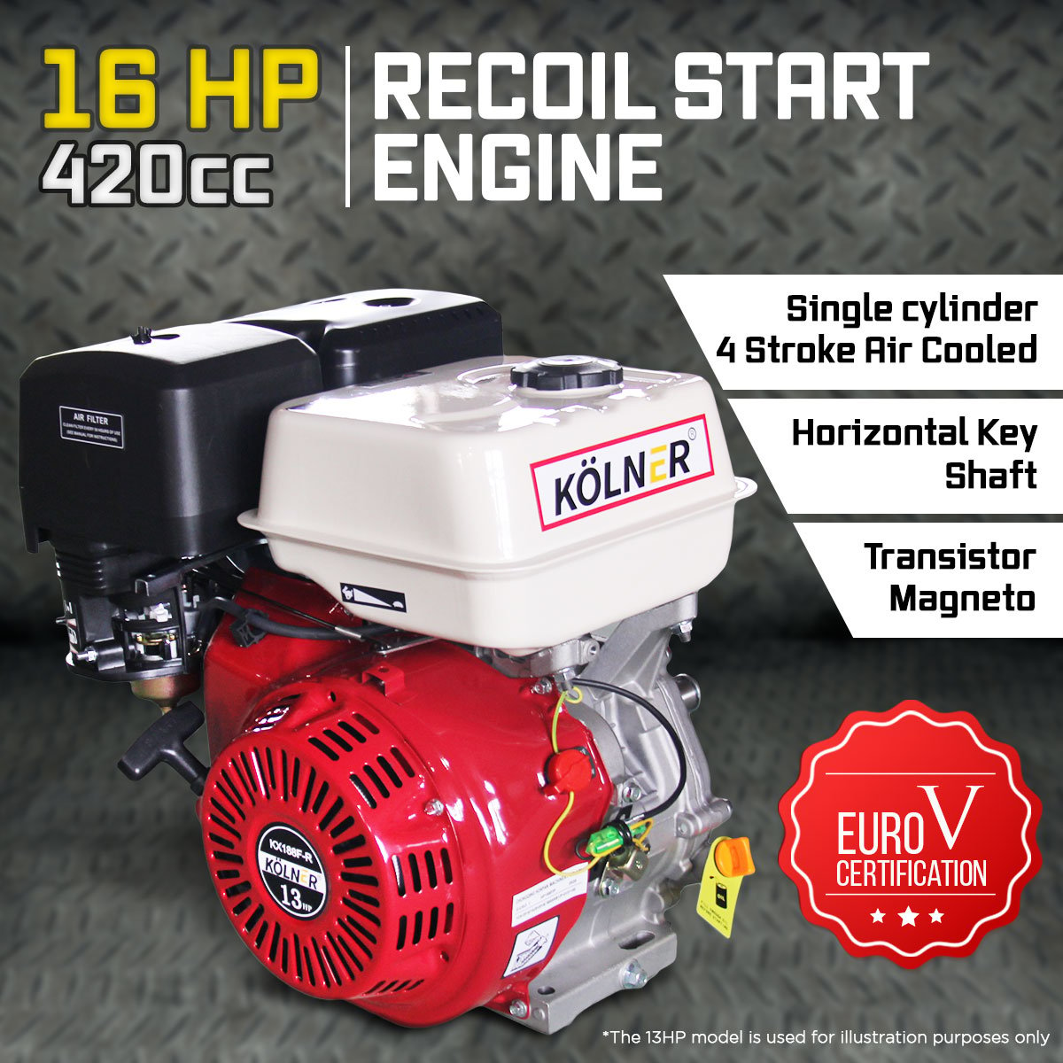 16HP Petrol Recoil Start Engine, 420CC, 25.4mm Shaft - Kolner