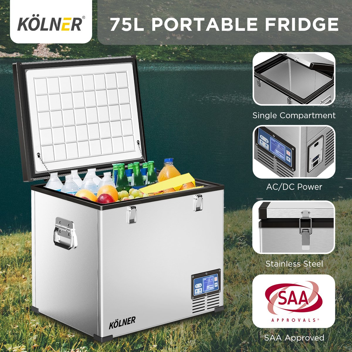 Stainless Steel 75L Portable Fridge Freezer with LCD Panel