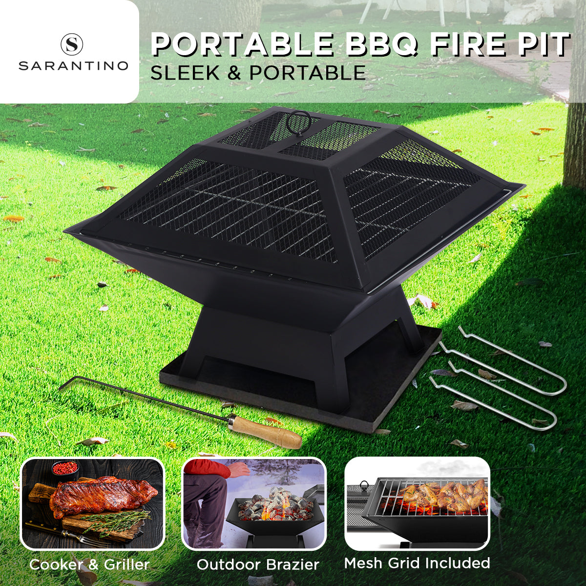 2-in-1 Charcoal Firewood Fire Pit & BBQ Grill Set, Wallaroo